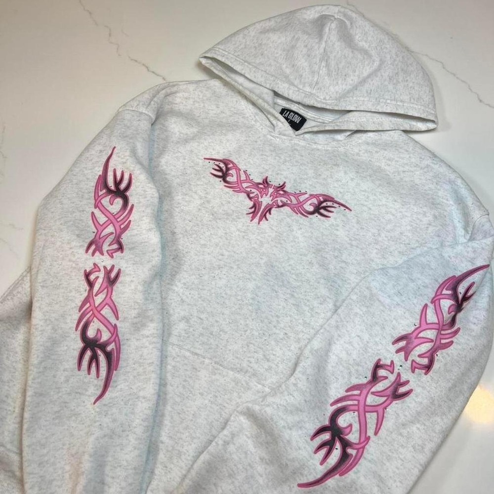 LA GLOW Hoodie Womens Small Grey Pink Tribal Cyber Y2K Graphic Streetwear